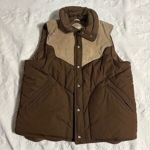 Vintage Pacific Trail Puffer Vest 70s Western Leather Detail Pearl Snap Mens L